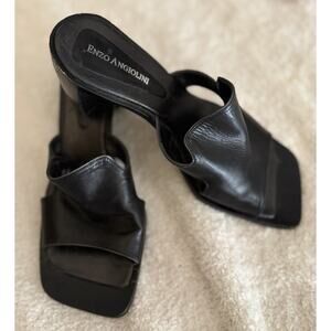Vtg 90s Enzo Angiolini 7.5 Y2K Leather Black Block Heels Square Toe Shoes Mules